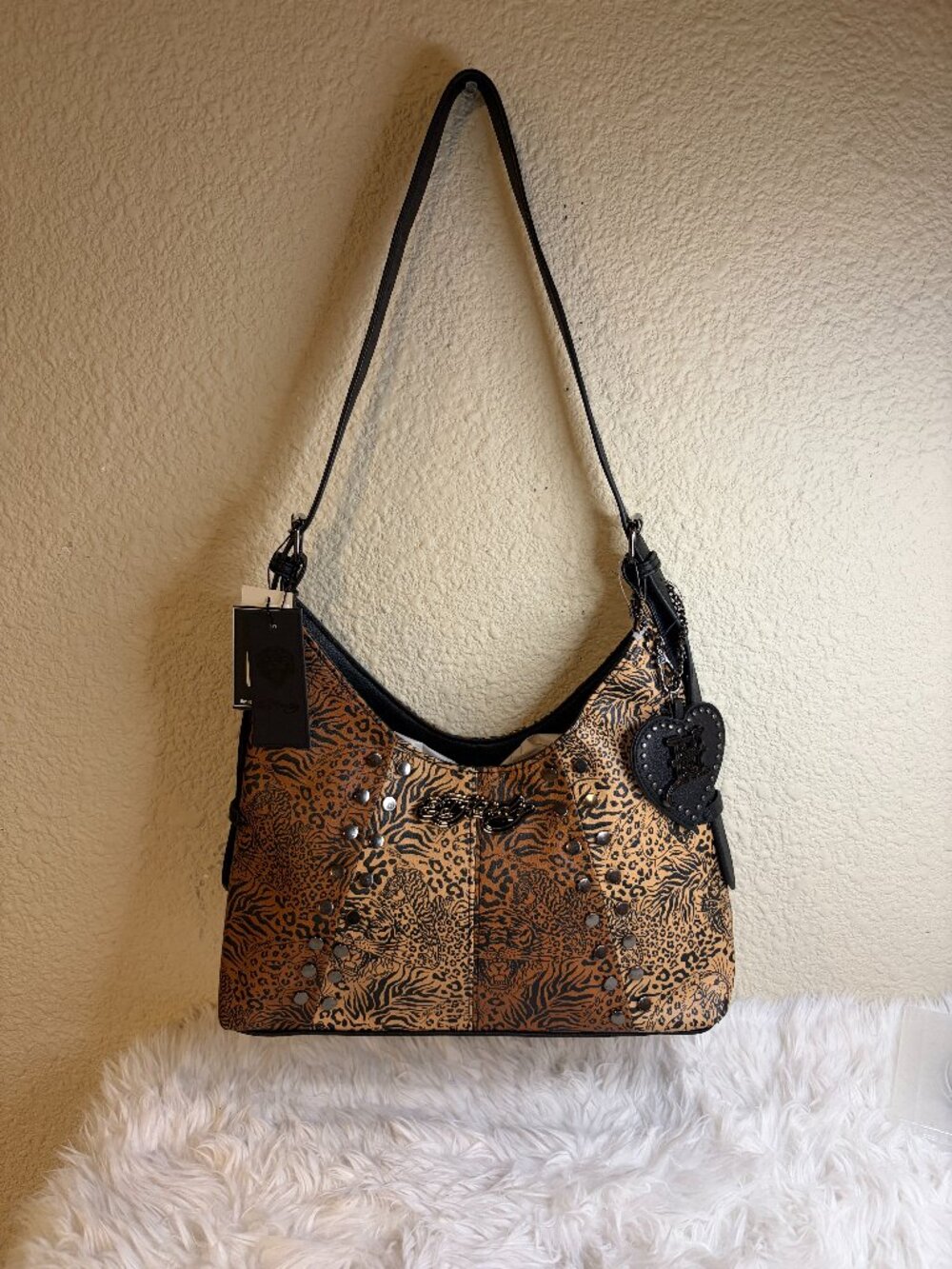 Ed Hardy Tiger Leopard Animal Print Studded Shoulder Bag Heart Charm NWT